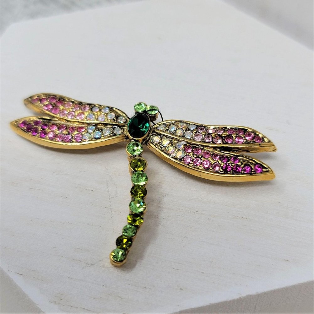Dragonfly Rhinestone Pin Brooch Pink n Green
